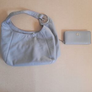 Michael Kohrs Gray Leather Shoulder Bag and Wallet Set